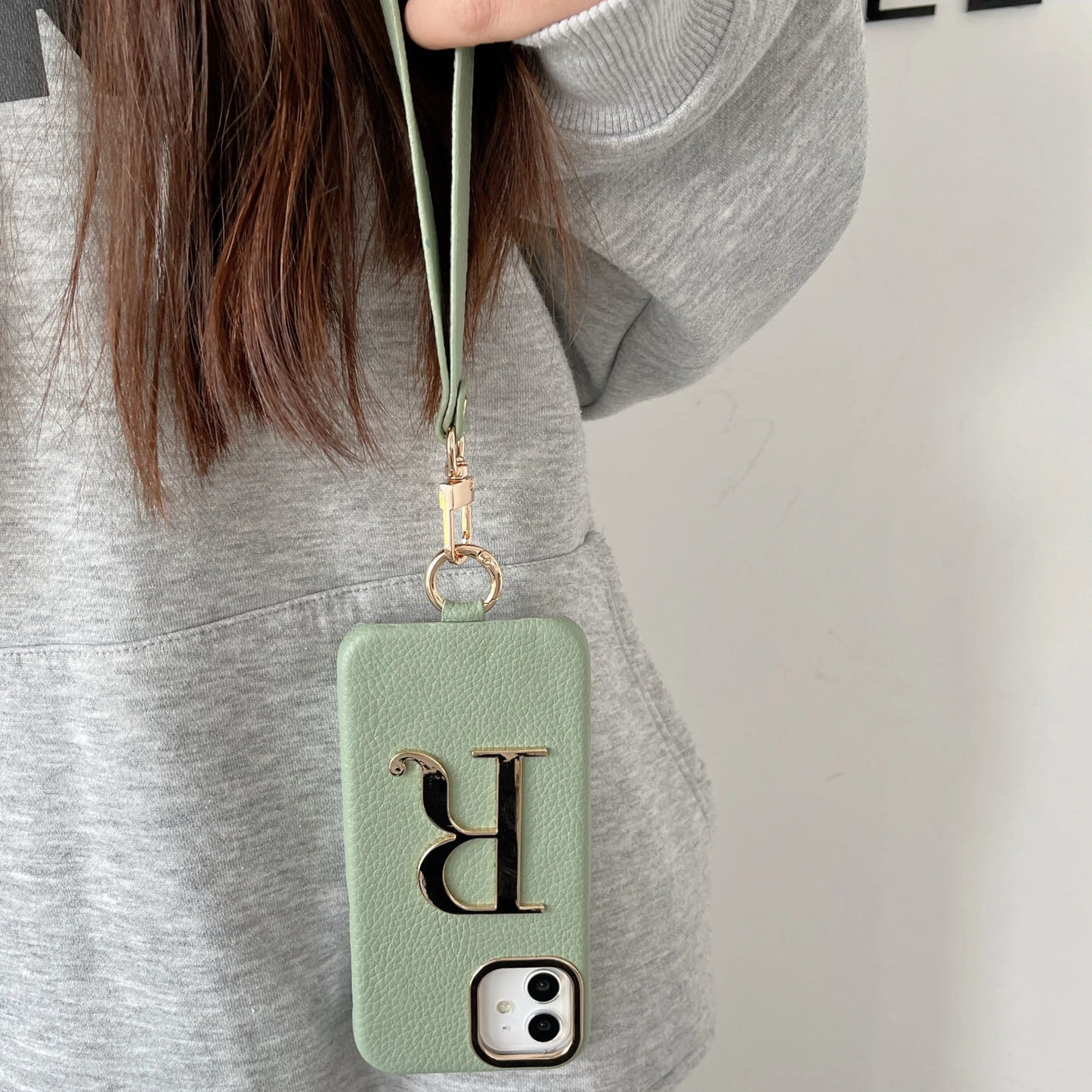 Leather Initial Phone Case with Hand Strap for iPhone