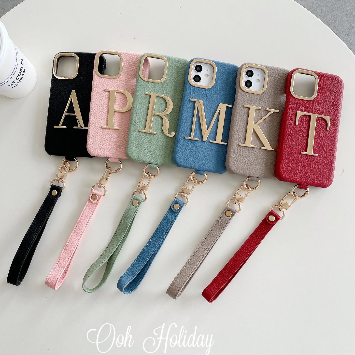 Leather Initial Phone Case with Hand Strap for iPhone