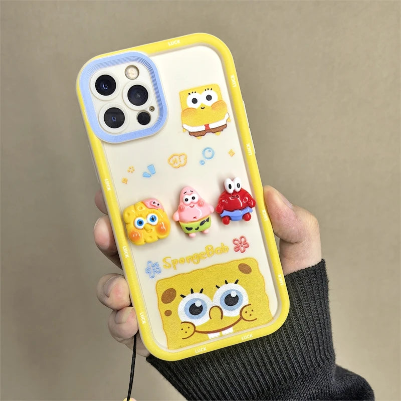 Cute Cartoon SpongeBob & Patrick Phone Case – With Wristband Strap (for iPhone 11–16 Pro Max)