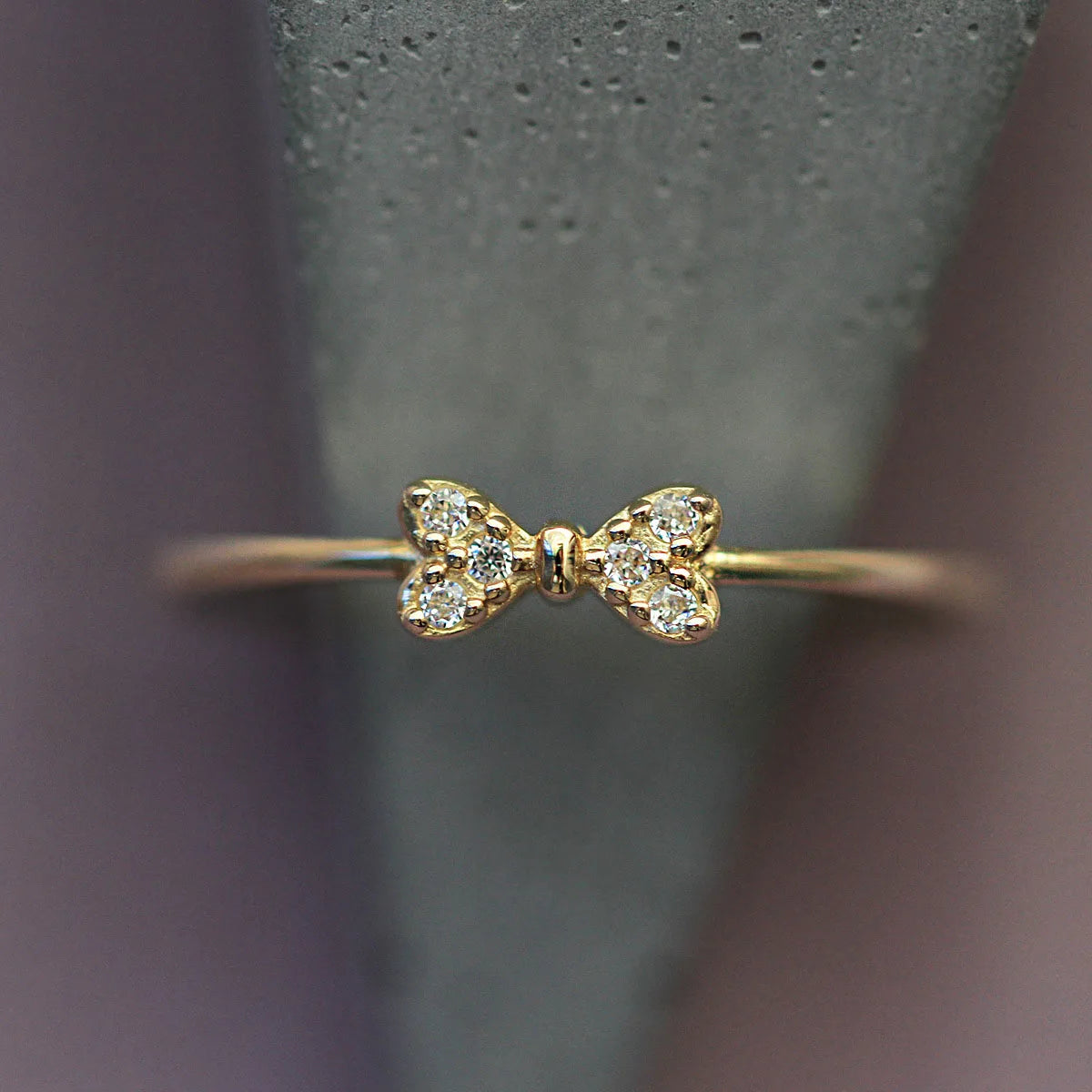 14K Gold Bow Zircon Ring for Women
