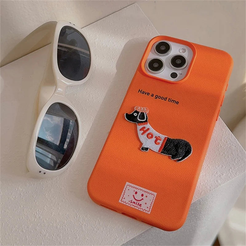Cute Cartoon Dog Case for iPhone – Soft Litchi Pattern Cover