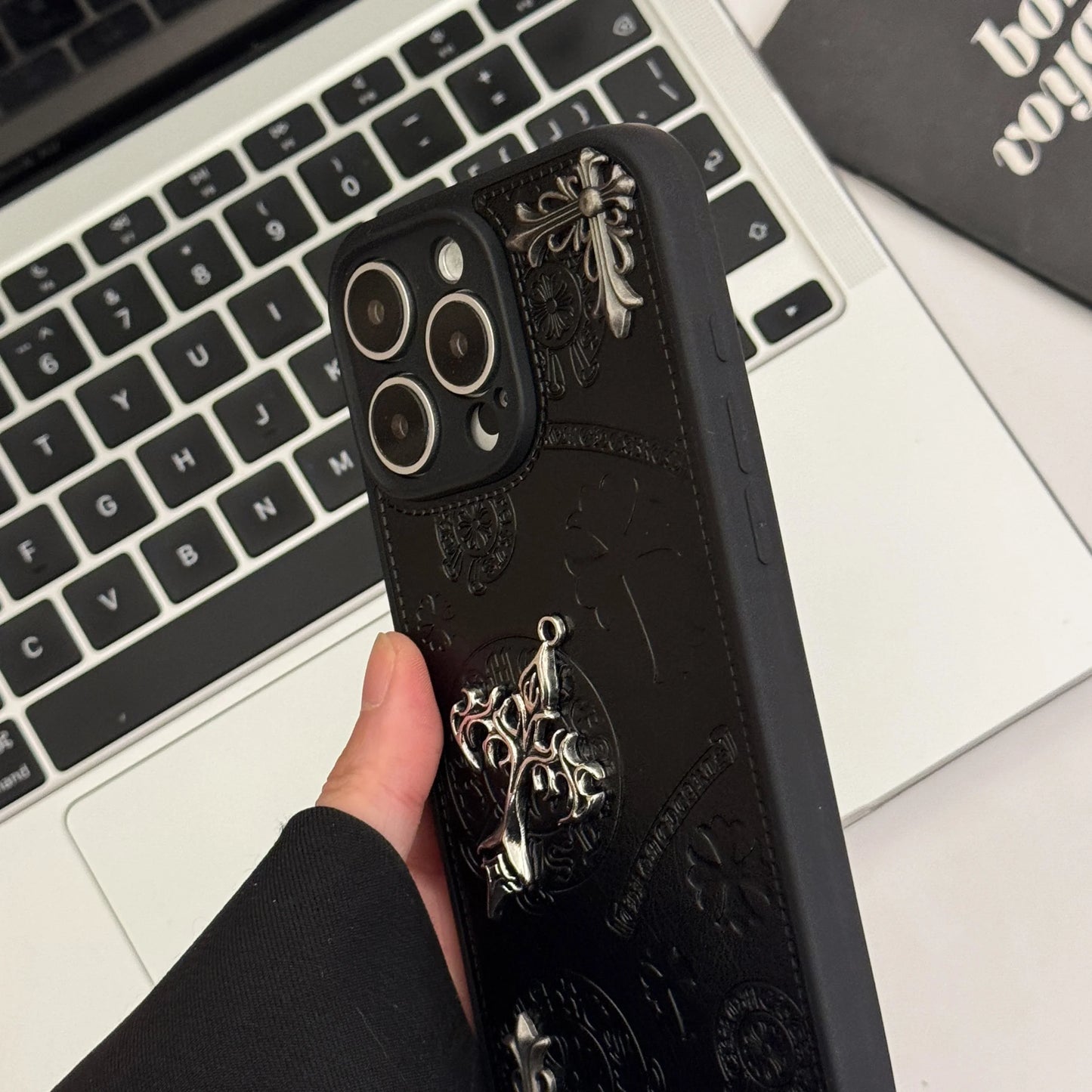 “Luxury 3D Embossed PU Leather Protective Phone Case for iPhone 14/15/16 Series – Elegant Metallic Design”