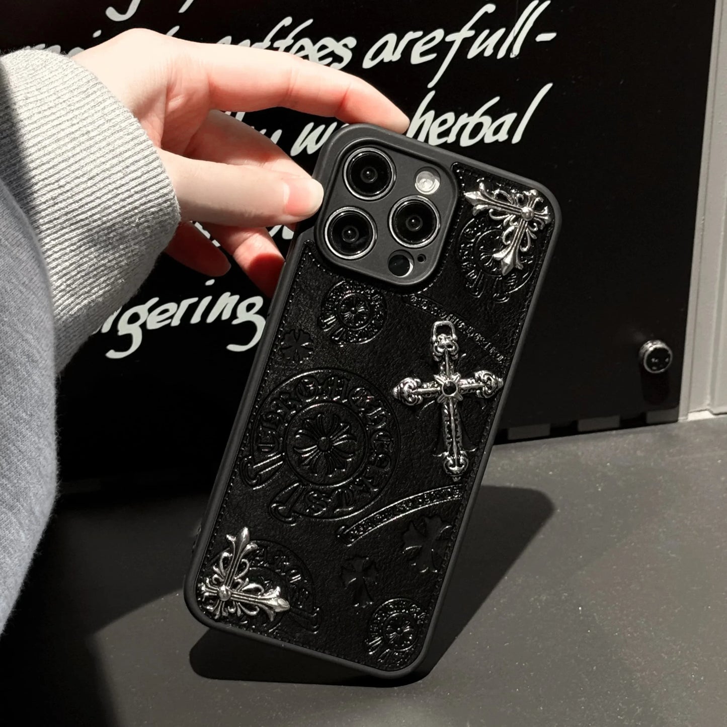 Luxury 3D Embossed PU Leather Protective Phone Case for iPhone 14/15/16 Series  Elegant Metallic Design