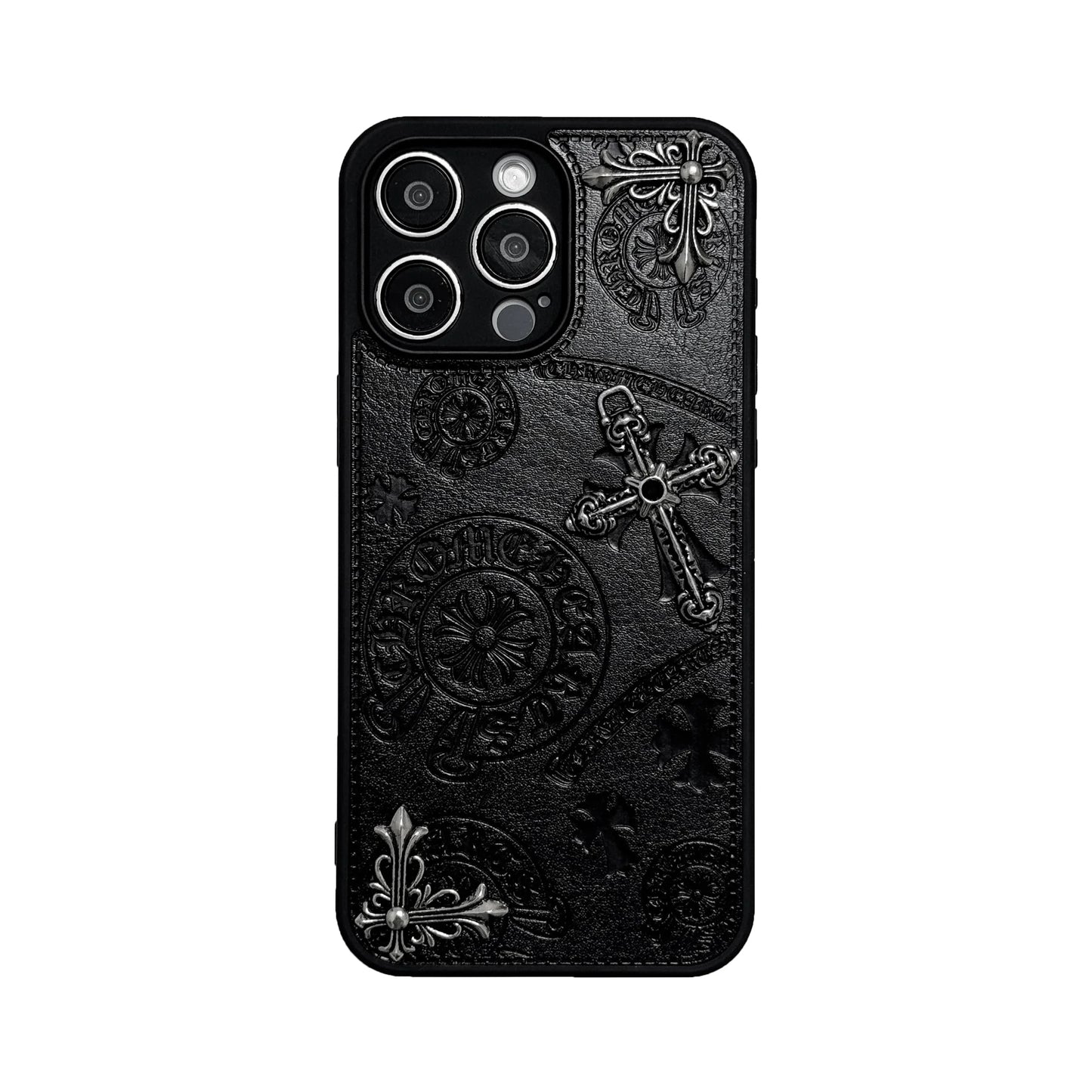 “Luxury 3D Embossed PU Leather Protective Phone Case for iPhone 14/15/16 Series – Elegant Metallic Design”
