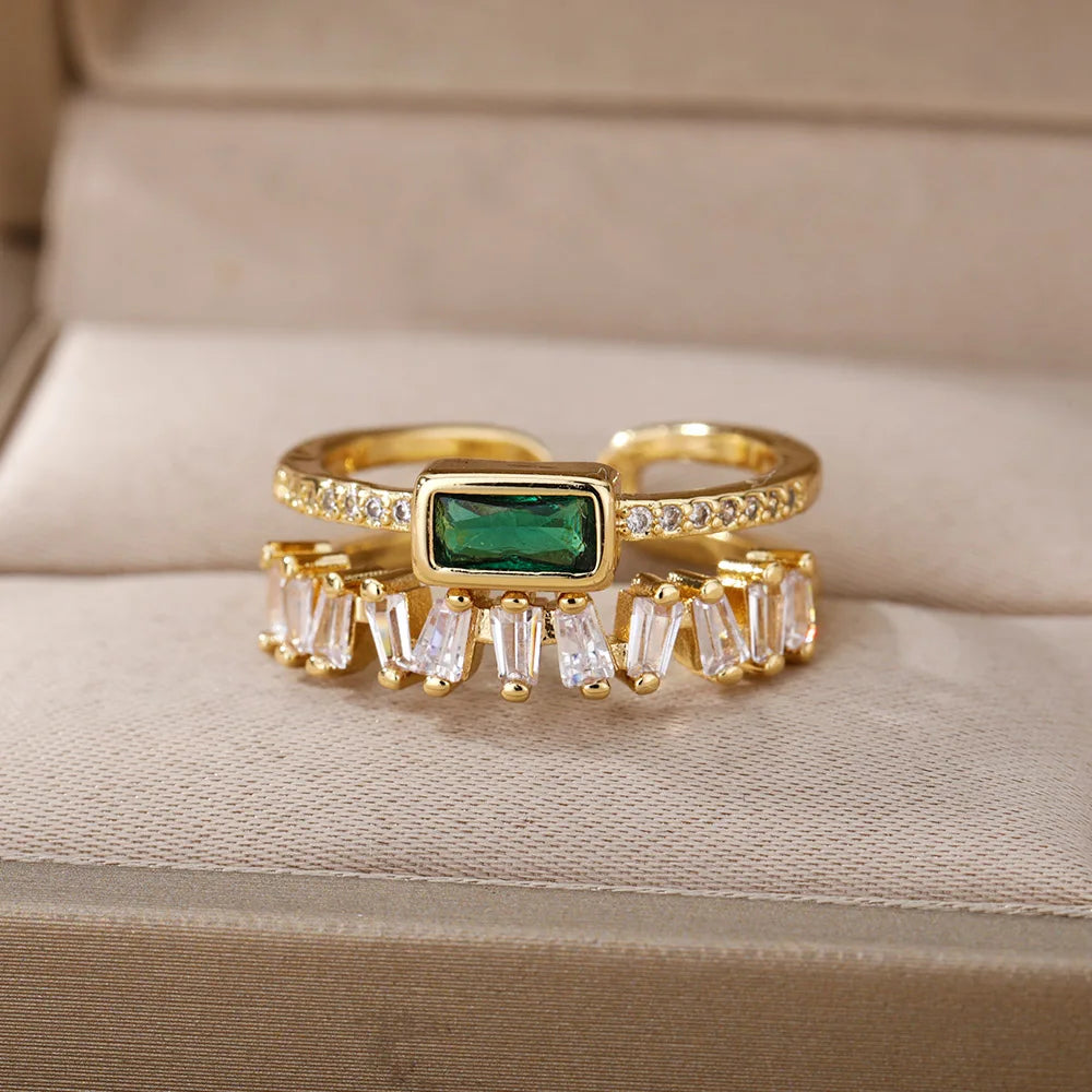 Classic Green Zircon Double Layer Ring – Gold Plated Stainless Steel Women’s Wedding & Fashion Jewelry