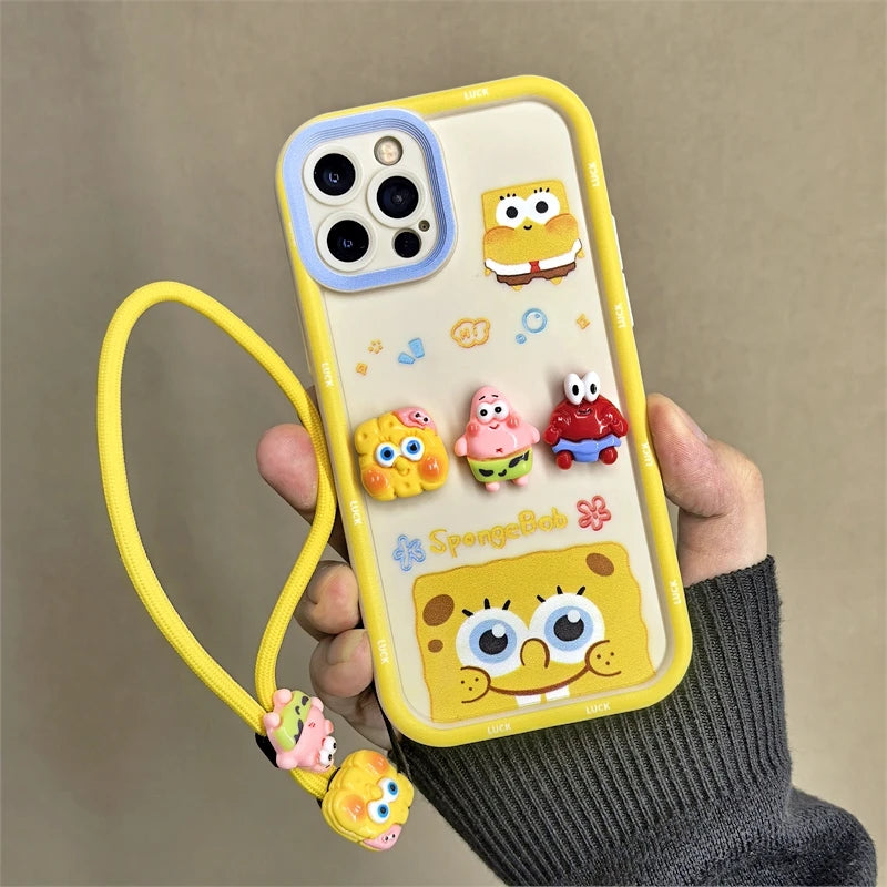 Cute Cartoon SpongeBob & Patrick Phone Case – With Wristband Strap (for iPhone 11–16 Pro Max)