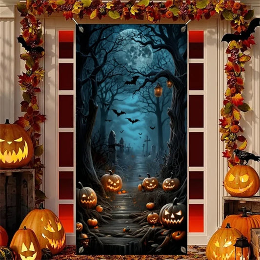 Halloween-themed door decoration with pumpkins, bats, and a dark forest scene.