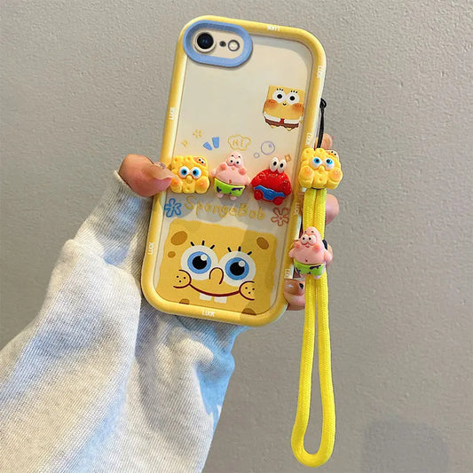 Cute Cartoon SpongeBob & Patrick Phone Case – With Wristband Strap (for iPhone 11–16 Pro Max)