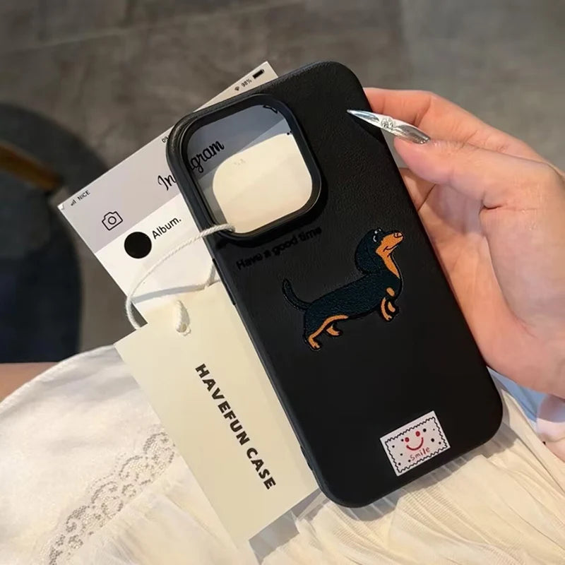 Cute Cartoon Dog Case for iPhone – Soft Litchi Pattern Cover