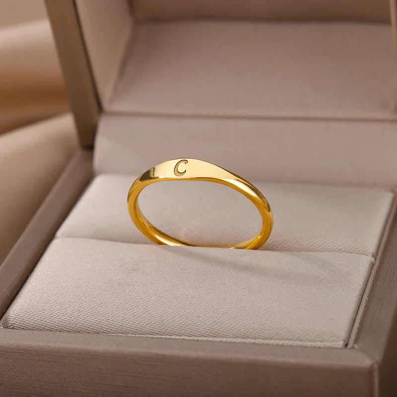 Initial Letter Ring for Women – Adjustable Stainless Steel Thin Band, A-Z Alphabet Personalized Ring, Gold or Silver Plated