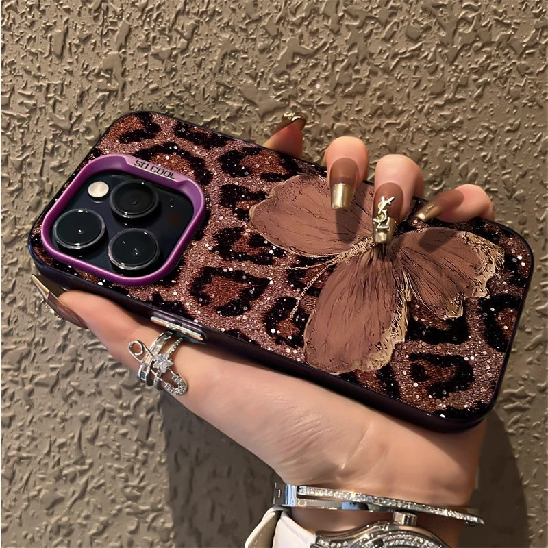 Brown Butterfly Leopard Print Phone Case for iPhone 17 16 15 14 13 12 Pro Max