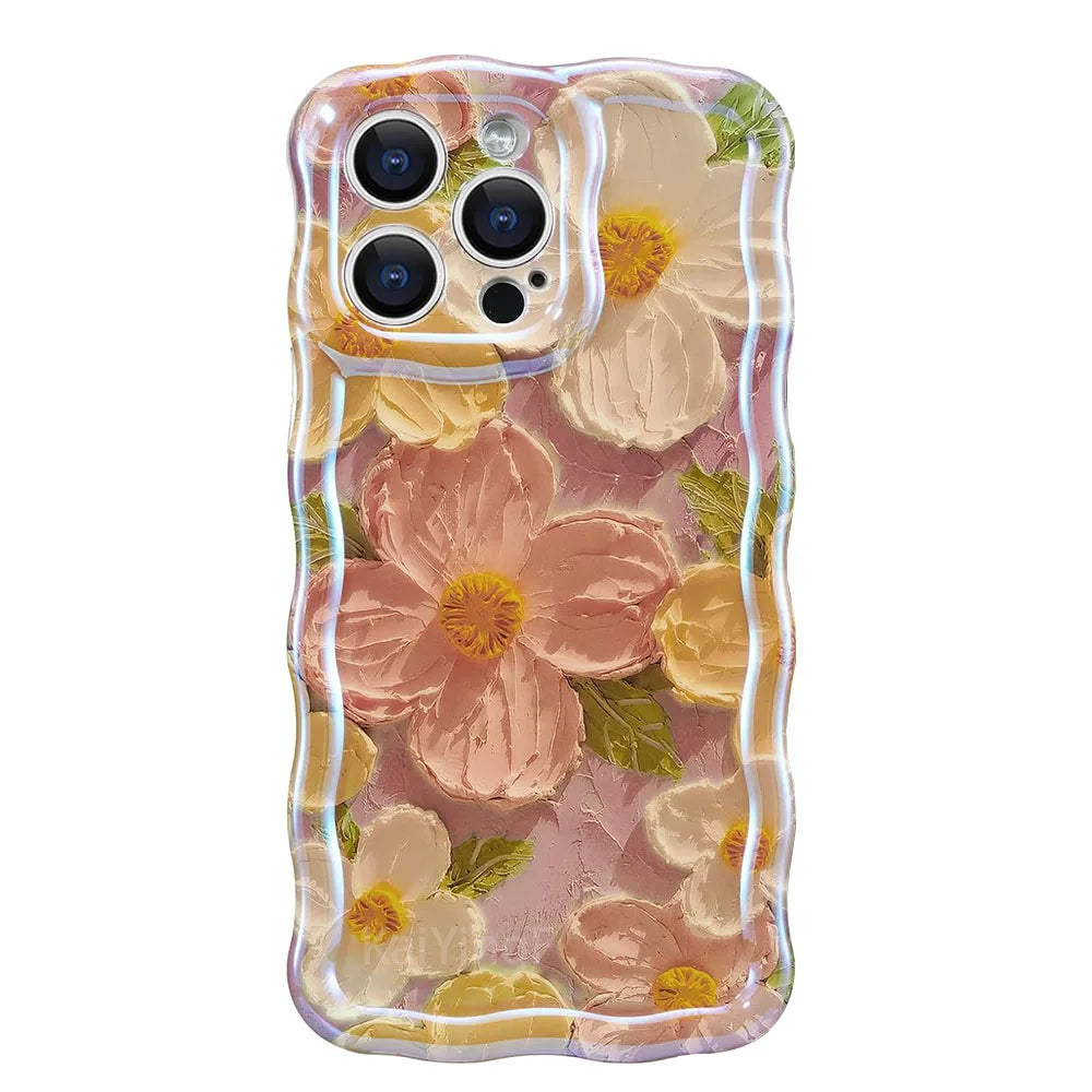 Stylish Floral Oil Painting Phone Case – Retro Wave Border Design for iPhone 11–16 Pro Max