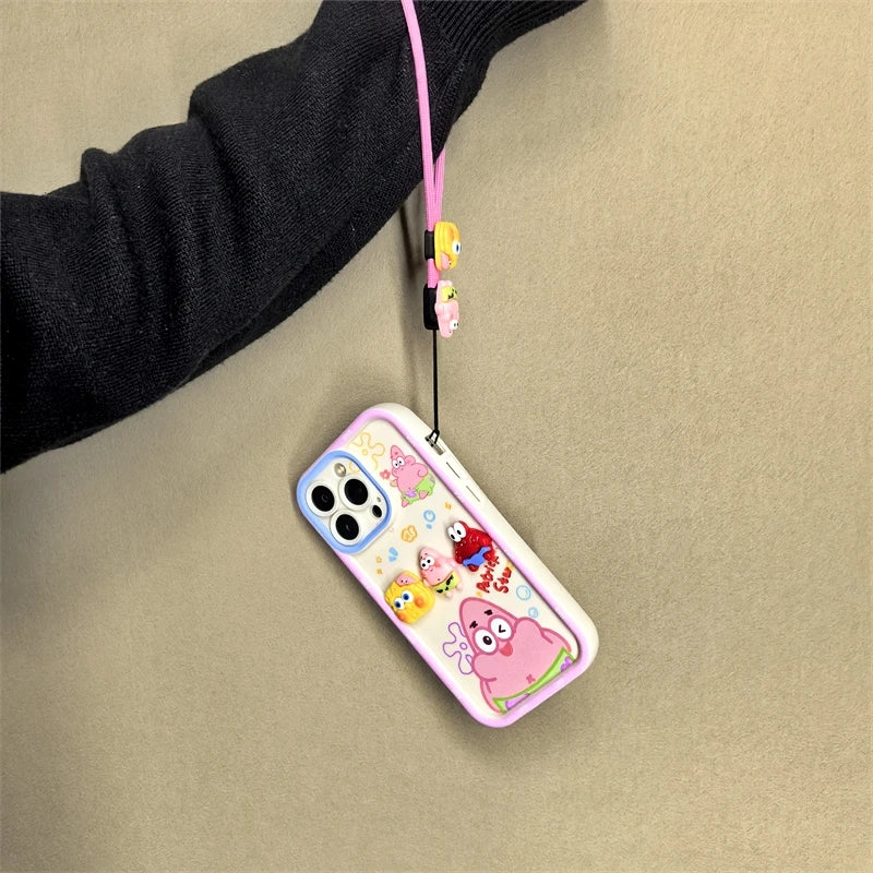 Cute Cartoon SpongeBob & Patrick Phone Case – With Wristband Strap (for iPhone 11–16 Pro Max)