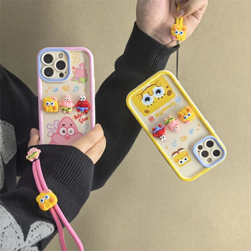 Cute Cartoon SpongeBob & Patrick Phone Case – With Wristband Strap (for iPhone 11–16 Pro Max)