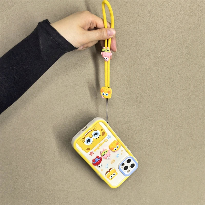 Cute Cartoon SpongeBob & Patrick Phone Case – With Wristband Strap (for iPhone 11–16 Pro Max)