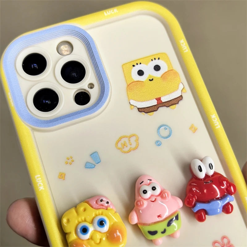 Cute Cartoon SpongeBob & Patrick Phone Case – With Wristband Strap (for iPhone 11–16 Pro Max)