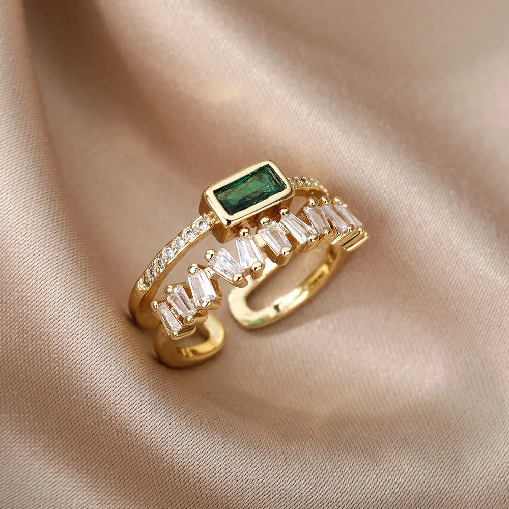 Classic Green Zircon Double Layer Ring – Gold Plated Stainless Steel Women’s Wedding & Fashion Jewelry
