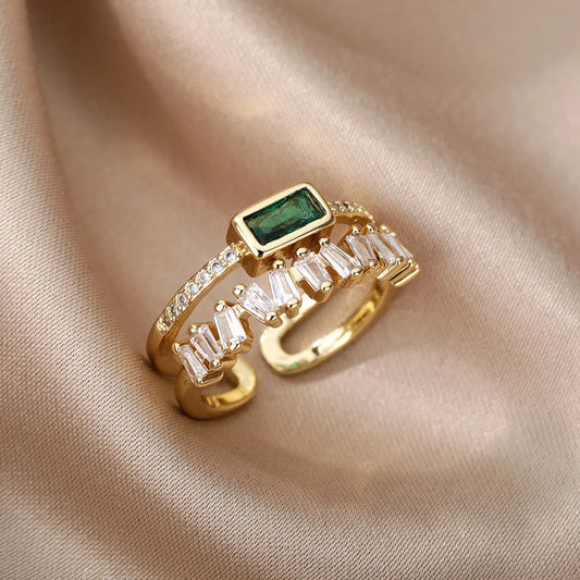 Classic Green Zircon Double Layer Ring – Gold Plated Stainless Steel Women’s Wedding & Fashion Jewelry