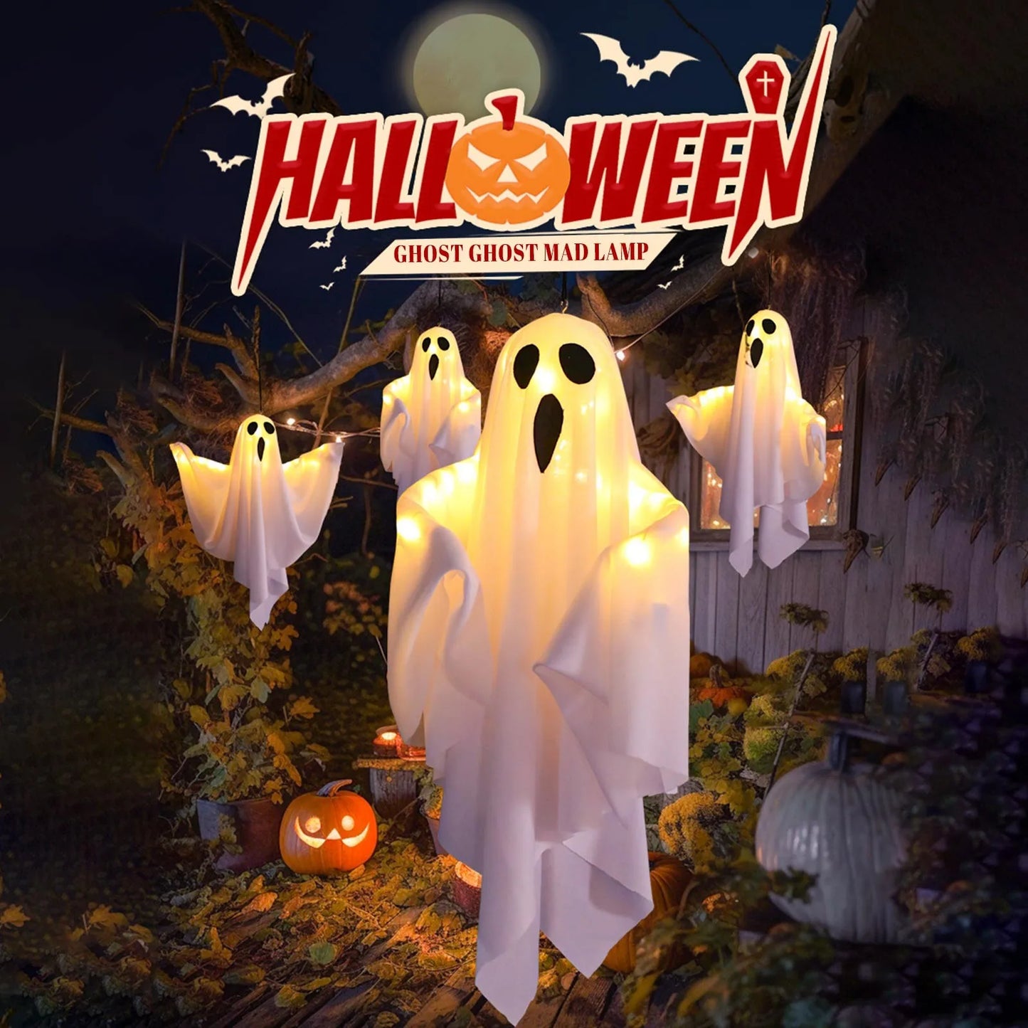 Halloween Light-Up Hanging Ghosts  Bright, Fun, and Perfect for Indoor or Outdoor Displays