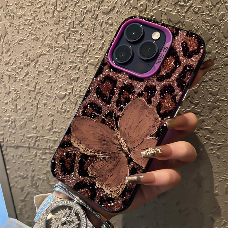 Brown Butterfly Leopard Print Phone Case for iPhone 17 16 15 14 13 12 Pro Max