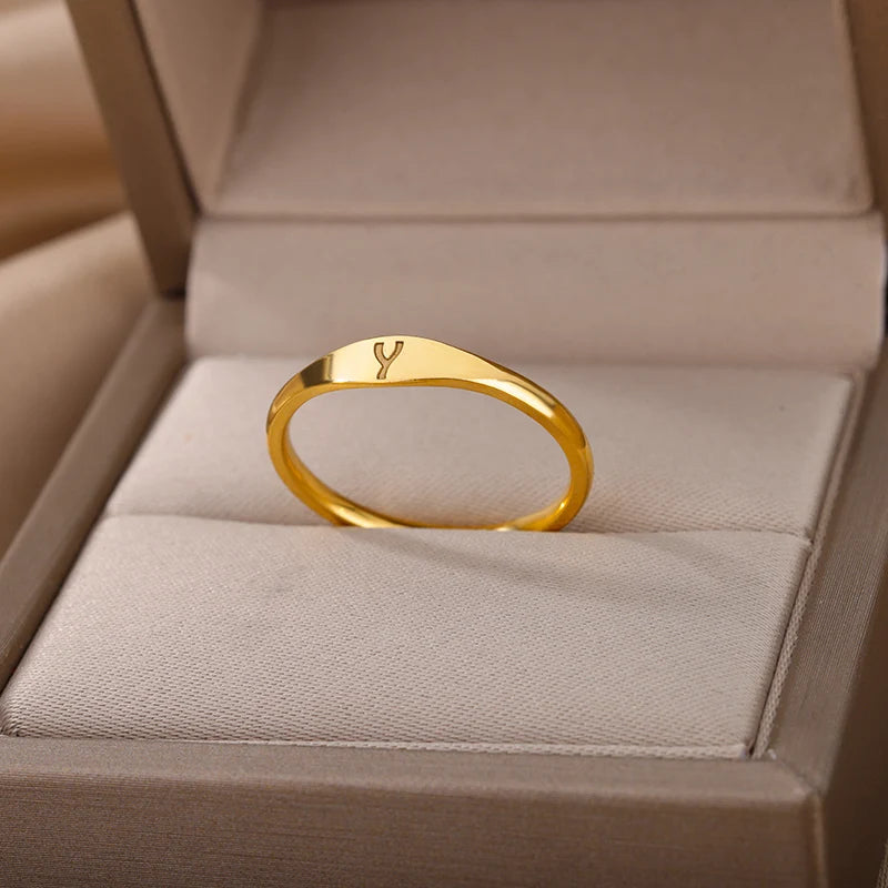 Initial Letter Ring for Women – Adjustable Stainless Steel Thin Band, A-Z Alphabet Personalized Ring, Gold or Silver Plated
