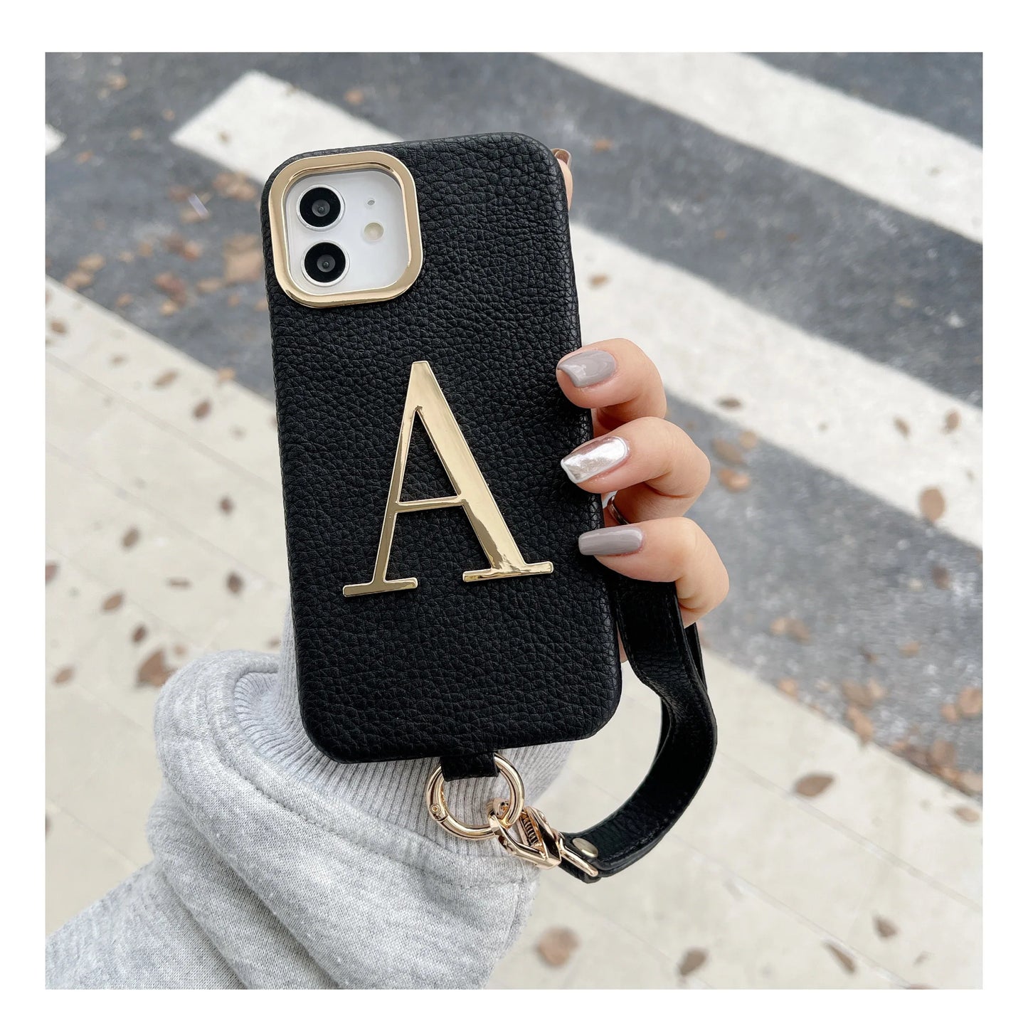 Leather Initial Phone Case with Hand Strap for iPhone