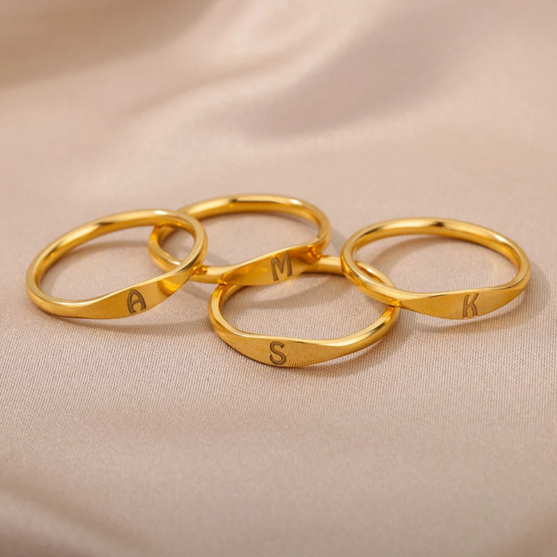 Initial Letter Ring for Women – Adjustable Stainless Steel Thin Band, A-Z Alphabet Personalized Ring, Gold or Silver Plated