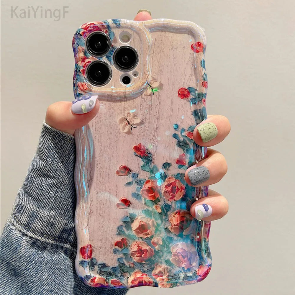 Stylish Floral Oil Painting Phone Case – Retro Wave Border Design for iPhone 11–16 Pro Max