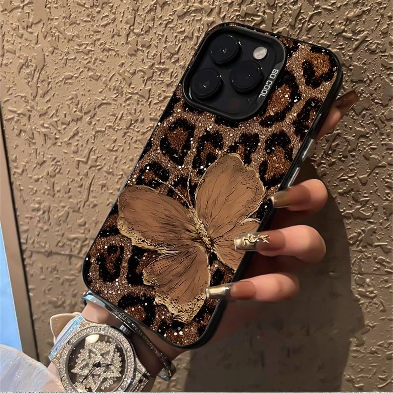 Brown Butterfly Leopard Print Phone Case for iPhone 17 16 15 14 13 12 Pro Max