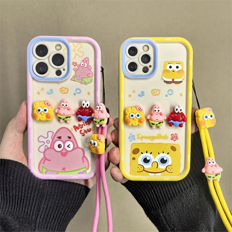 Cute Cartoon SpongeBob & Patrick Phone Case – With Wristband Strap (for iPhone 11–16 Pro Max)