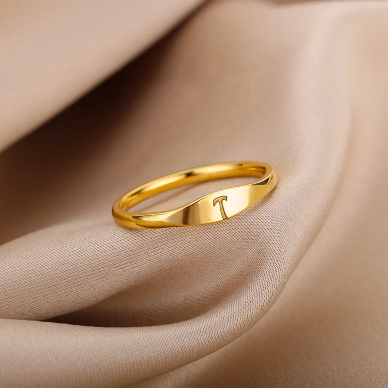 Initial Letter Ring for Women – Adjustable Stainless Steel Thin Band, A-Z Alphabet Personalized Ring, Gold or Silver Plated