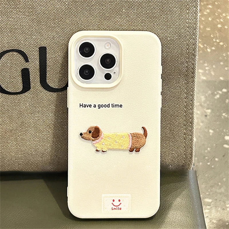 Cute Cartoon Dog Case for iPhone – Soft Litchi Pattern Cover
