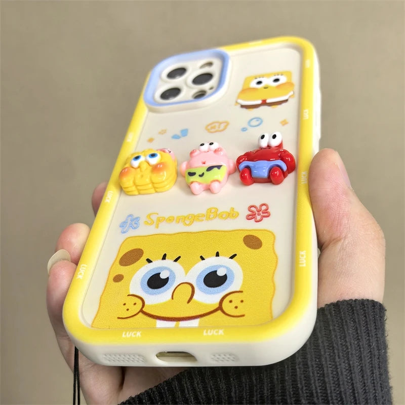 Cute Cartoon SpongeBob & Patrick Phone Case – With Wristband Strap (for iPhone 11–16 Pro Max)