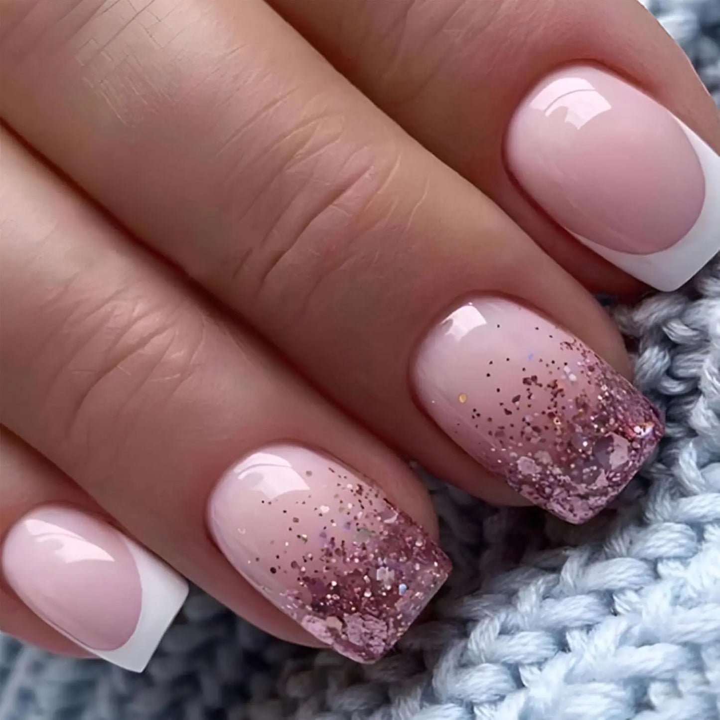 24pcs Press-On Square Fake Nails – French Tip Design