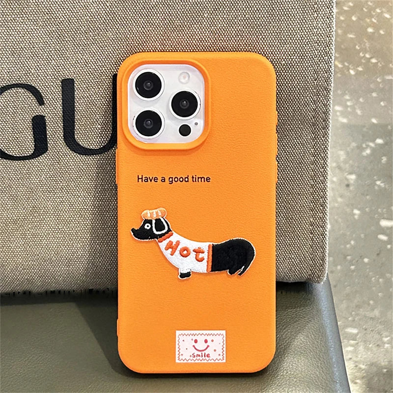 Cute Cartoon Dog Case for iPhone – Soft Litchi Pattern Cover