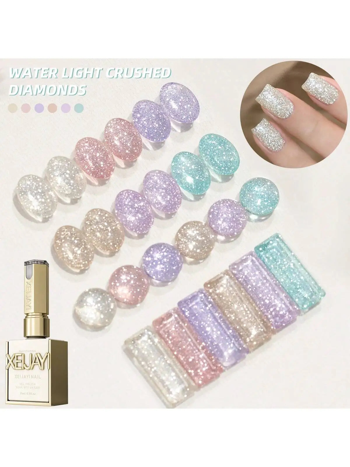 XEJAYI 6pcs 15ml Water Light Crushed Gel Nail Polish Set,UV LED Soaking Nail Gel, Semi-Permanent, DIY Salon Quality Nail Art