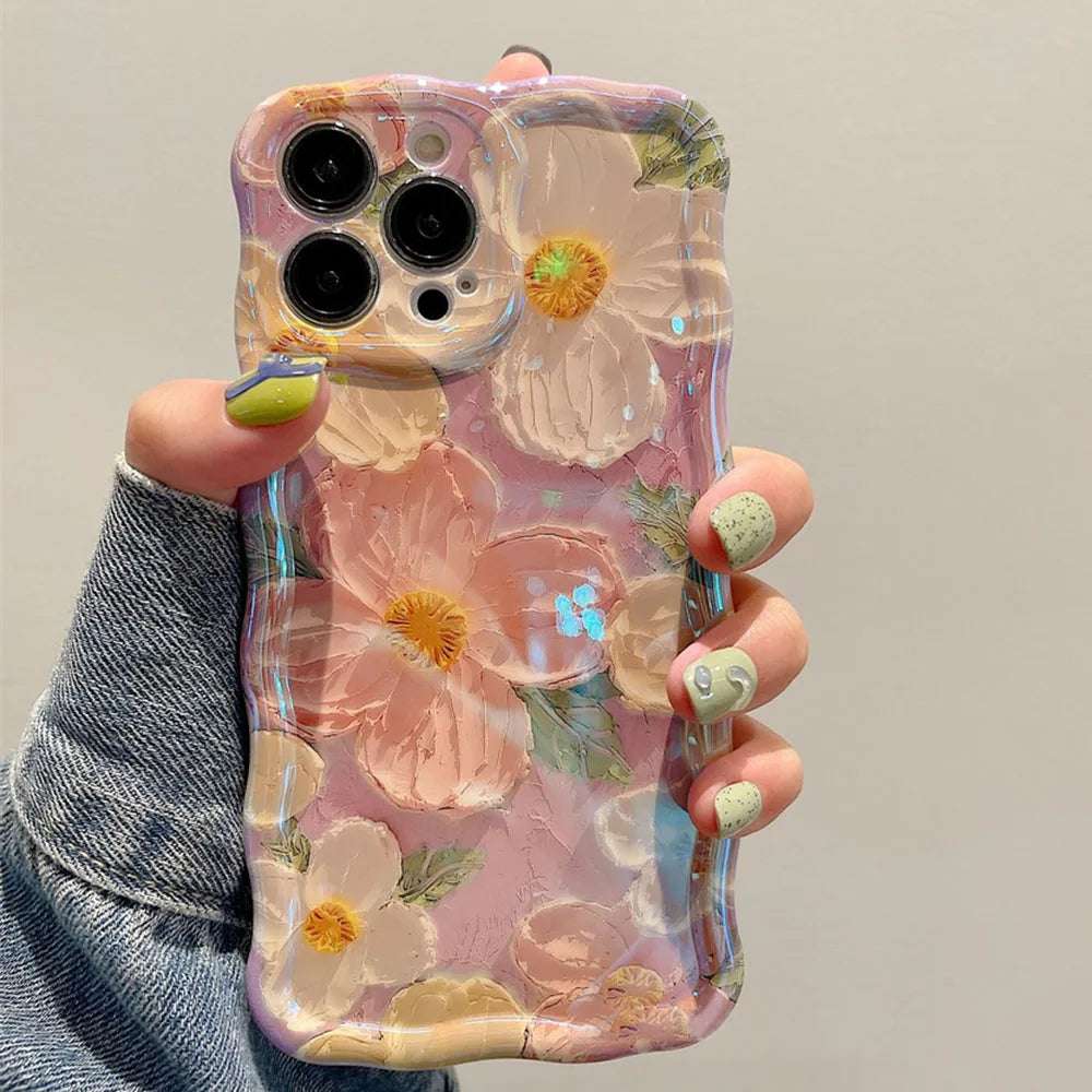 Stylish Floral Oil Painting Phone Case – Retro Wave Border Design for iPhone 11–16 Pro Max