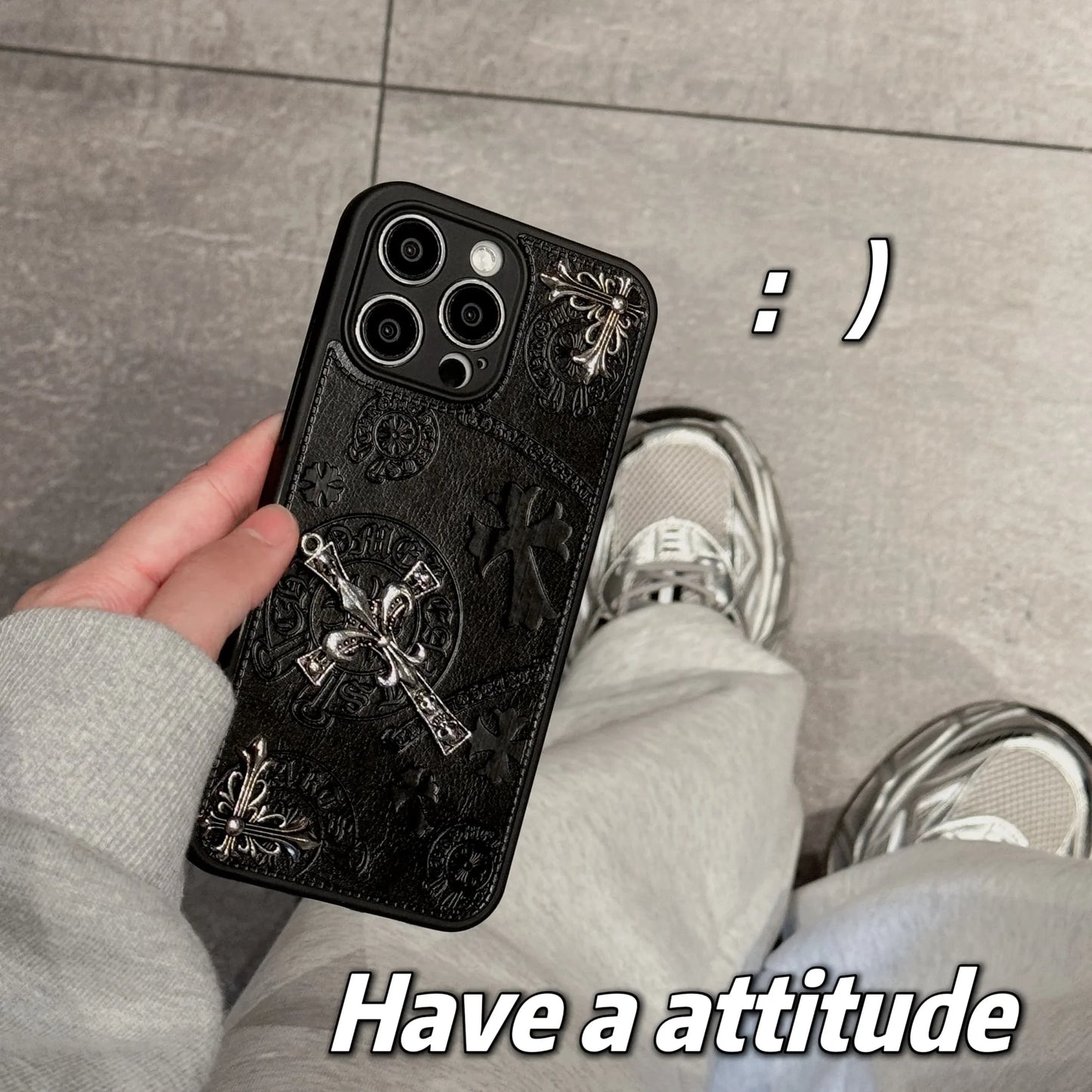 “Luxury 3D Embossed PU Leather Protective Phone Case for iPhone 14/15/16 Series – Elegant Metallic Design”