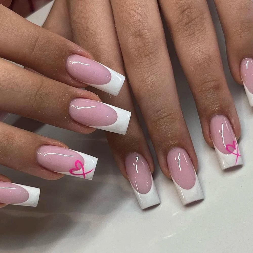 24pcs Press-On Square Fake Nails – French Tip Design