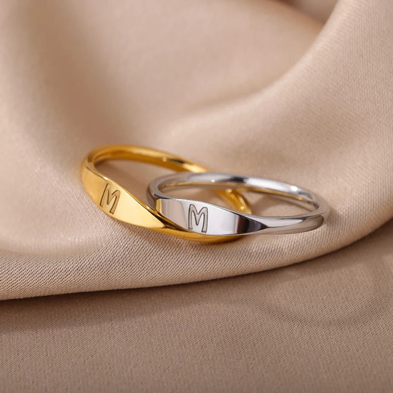 Initial Letter Ring for Women – Adjustable Stainless Steel Thin Band, A-Z Alphabet Personalized Ring, Gold or Silver Plated