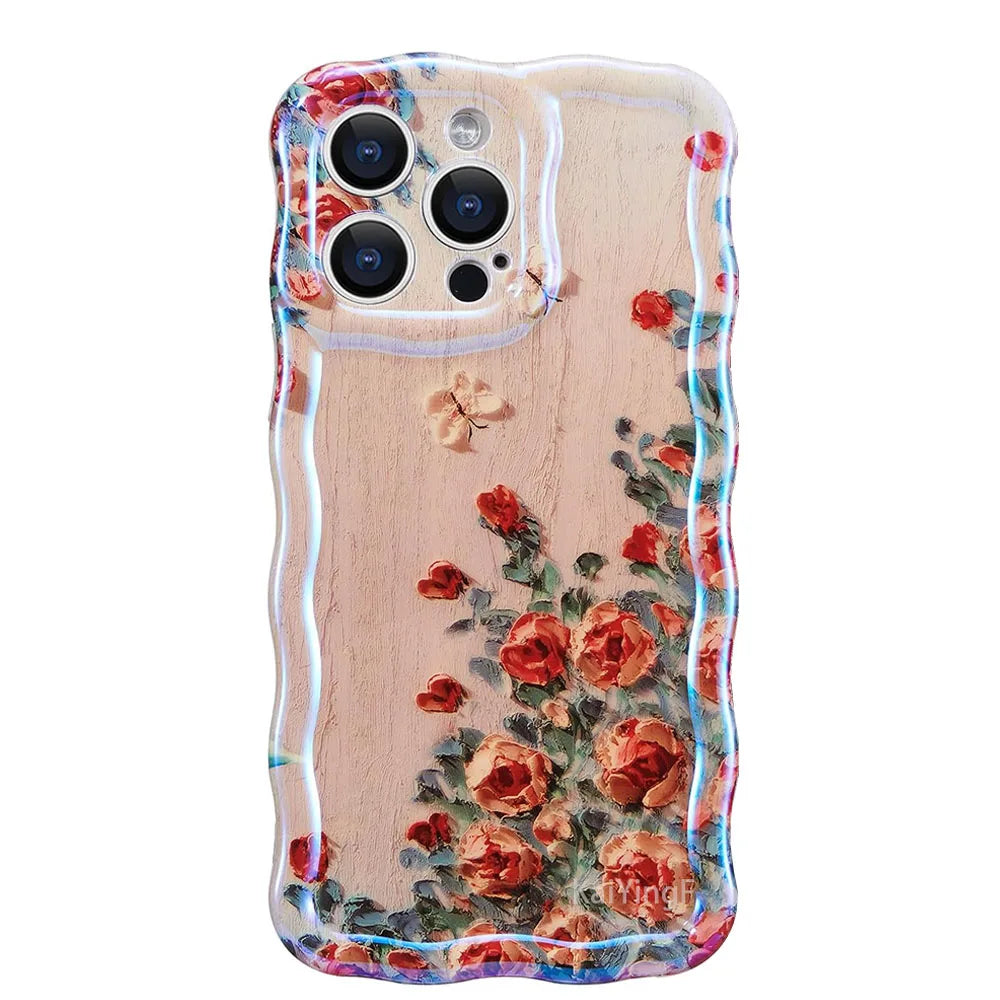 Stylish Floral Oil Painting Phone Case – Retro Wave Border Design for iPhone 11–16 Pro Max