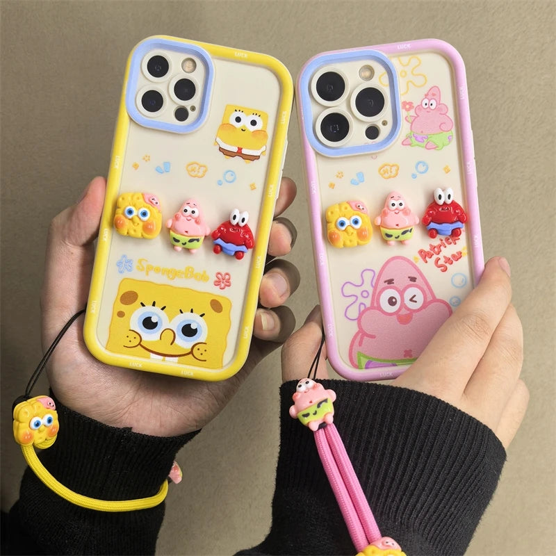 Cute Cartoon SpongeBob & Patrick Phone Case – With Wristband Strap (for iPhone 11–16 Pro Max)