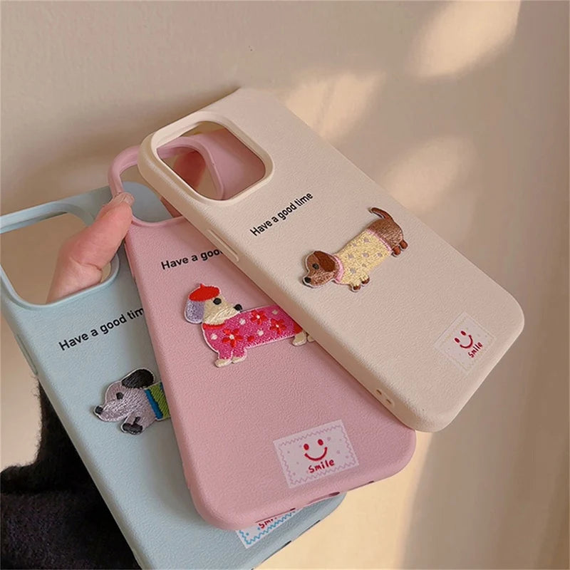 Cute Cartoon Dog Case for iPhone – Soft Litchi Pattern Cover