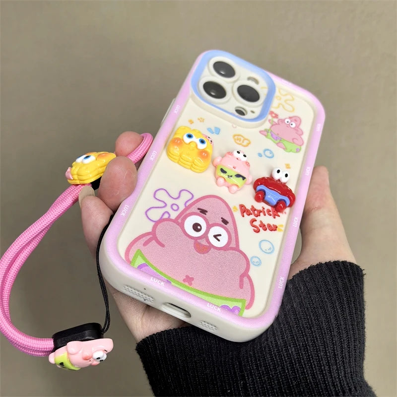 Cute Cartoon SpongeBob & Patrick Phone Case – With Wristband Strap (for iPhone 11–16 Pro Max)