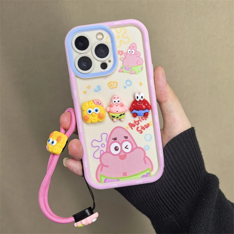 Cute Cartoon SpongeBob & Patrick Phone Case – With Wristband Strap (for iPhone 11–16 Pro Max)