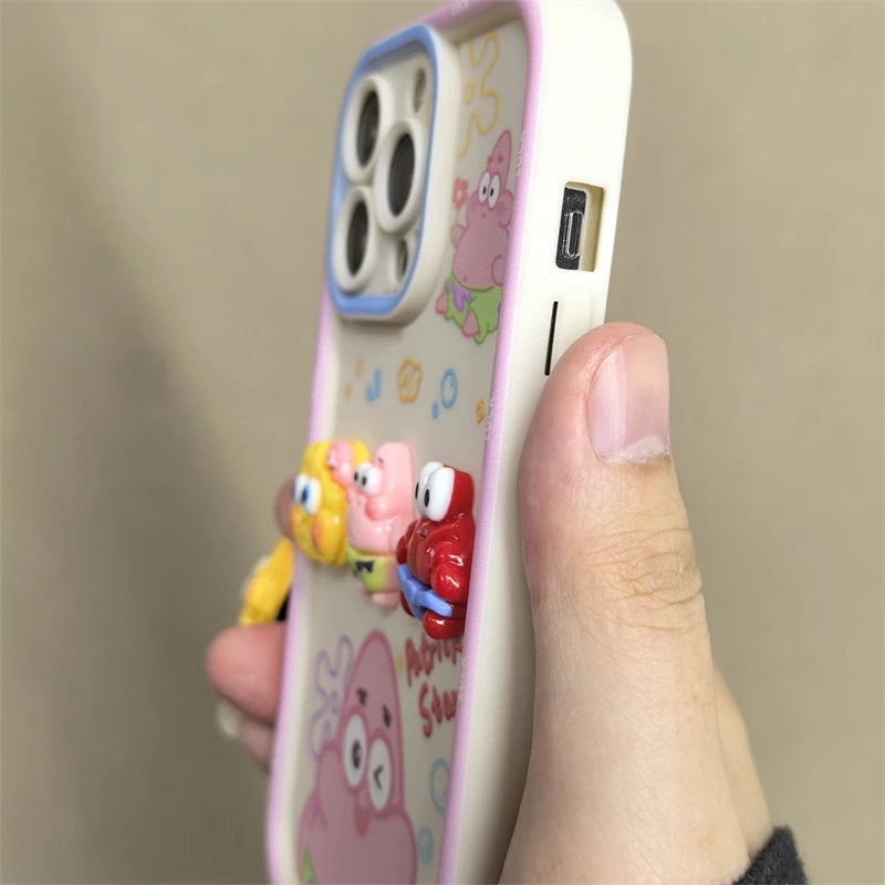 Cute Cartoon SpongeBob & Patrick Phone Case – With Wristband Strap (for iPhone 11–16 Pro Max)