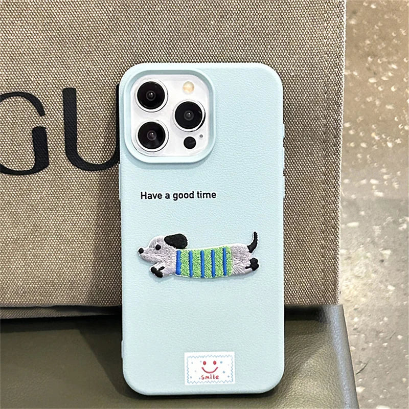 Cute Cartoon Dog Case for iPhone – Soft Litchi Pattern Cover