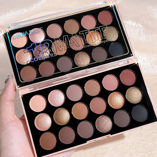 18-Color Eyeshadow Palette – Matte, Shimmer, and Glitter Tones