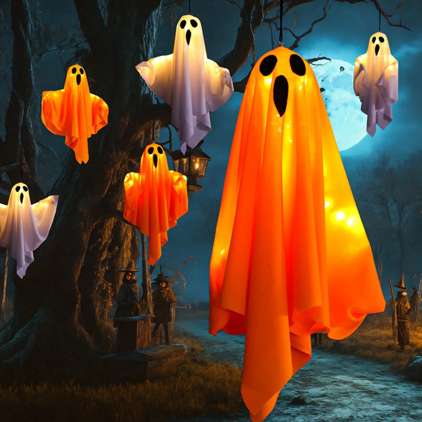Halloween Light-Up Hanging Ghosts  Bright, Fun, and Perfect for Indoor or Outdoor Displays
