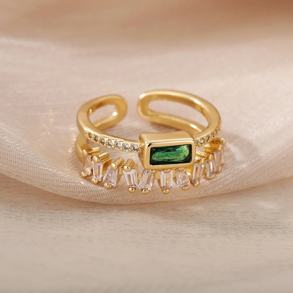 Classic Green Zircon Double Layer Ring – Gold Plated Stainless Steel Women’s Wedding & Fashion Jewelry